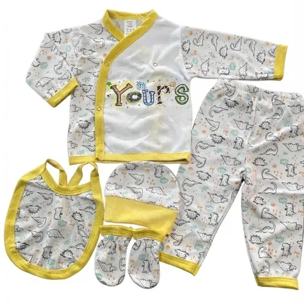 Set 4 Serii Compleu Pentru Bebeluși 5 Piese Bumbac 100% Cu Model Imprimat Galben Mărimi 22-24