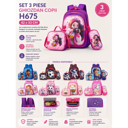 Set 3 piese ghiozdan copii H675 - 42×33 cm