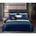 Lenjerie de Pat Dublu din Damasc Premium Pucioasa, 6 Piese, Cearceaf de Pat cu Elastic 180 x 200 cm, Dungi Hoteliere, Albastru Bleumarin, Model W-2