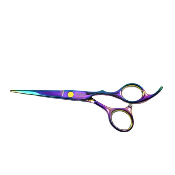 Foarfecă de tuns multicoloră tip rainbow, lame ultra-ascuțite și design ergonomic pentru coafuri moderne