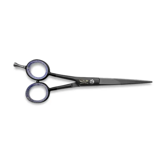 Foarfecă de tuns neagră cu codiță, lame ultra-ascuțite și design ergonomic pentru contururi profesionale