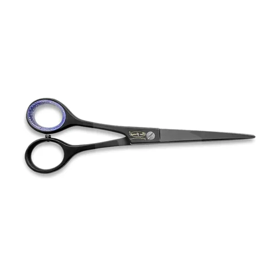 Foarfecă neagră de tuns fără codiță, cu lame ultra-ascuțite și design ergonomic pentru contururi și finisaje profesionale