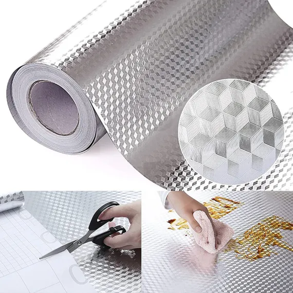 Autocolant bucătărie autoadeziv PVC Cub 3D argintiu rolă