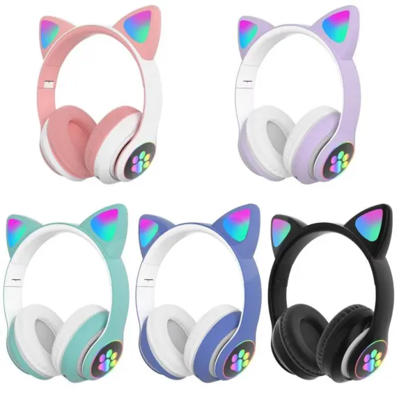 Căști wireless copii CAT STN-28 violet cu urechi de pisică și LED RGB
