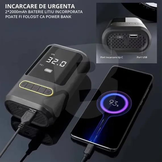 Funcție powerbank compresor aer Roll Fast cu încărcare USB