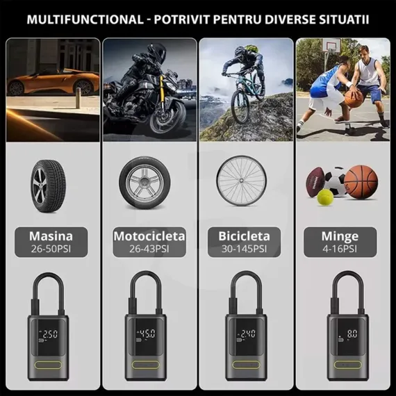 Utilizări multiple compresor aer Roll Fast pentru auto, bicicletă și mingi