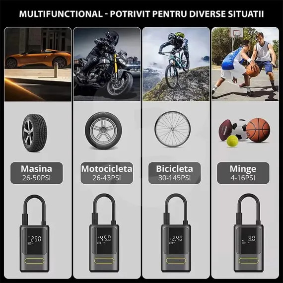 Compresor auto wireless cu moduri presetate pentru mașină motocicletă bicicletă și minge