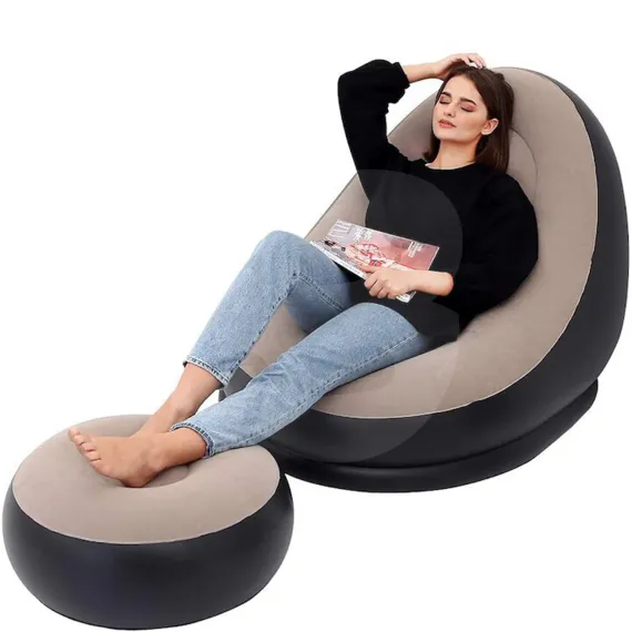 Set fotoliu gonflabil cu taburet pentru relaxare, culoare bej și negru
