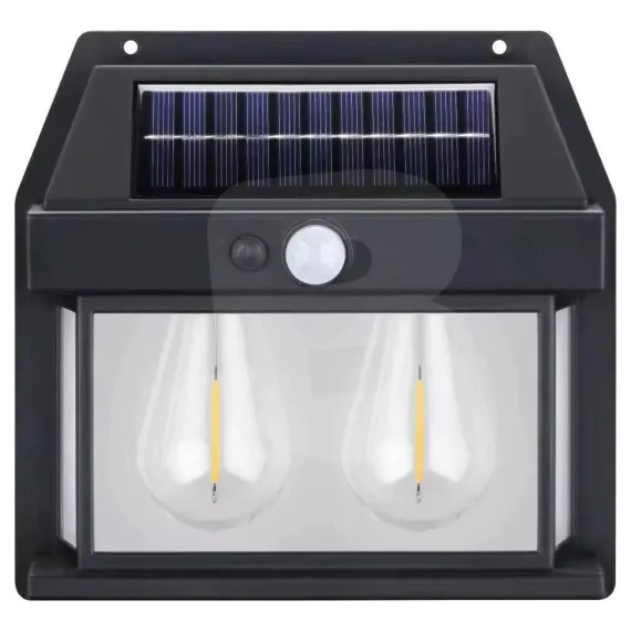 Lampă solară de perete cu senzor de mișcare, 2 becuri LED, 600 lumeni, 3 moduri iluminare, pentru exterior, negru