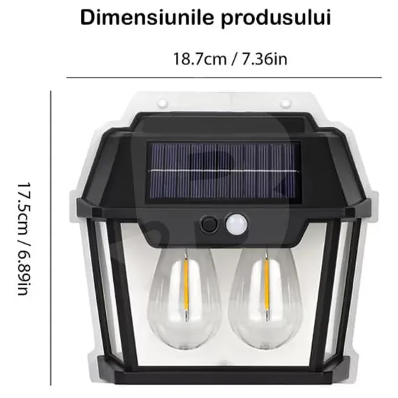 Dimensiuni lampă solară de perete cu 2 becuri LED