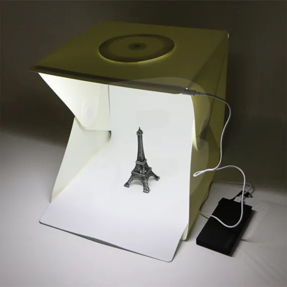 Cabină foto pentru fotografiere produse 23×23×23 cm cu iluminare LED și fundaluri interschimbabile