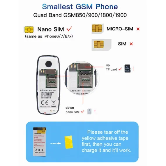 Mini telefon BM10 cu slot nano SIM și poziționare baterie internă