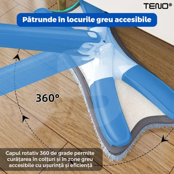 Detaliu cap mop în formă de X cu rotire 360° și lavetă din microfibră