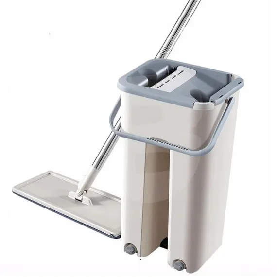 Mop plat cu găleată dublă și sistem de stoarcere fără atingere, lavete microfibră reutilizabile