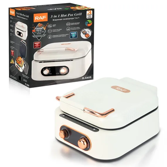 Multicooker electric RAF® 3 în 1 Hot Pot Grill și Tigaie dublă 1800W alb
