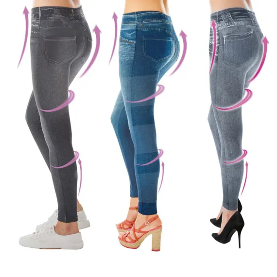 Set 2 x Colanți Modelatori cu Aspect de Blugi, Talie Înaltă, Efect Push-Up, Mărime Universală