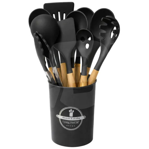 Set complet de ustensile de bucătărie din silicon negru cu suport și mânere din lemn
