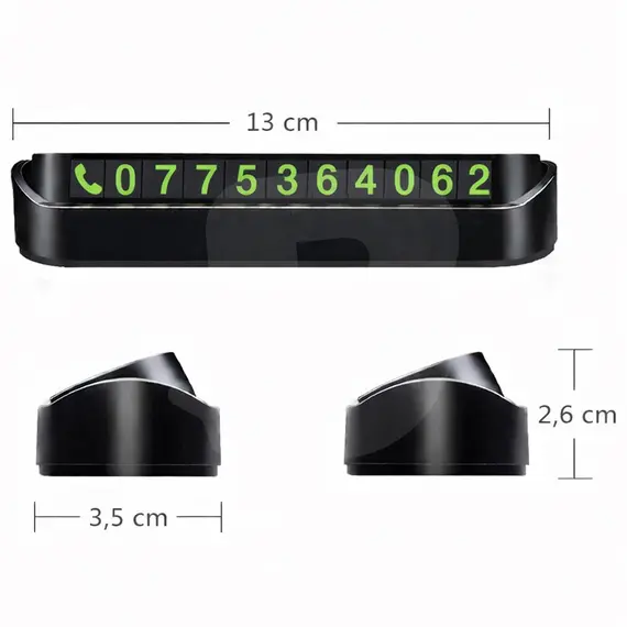 Placă număr telefon parcare auto cu dimensiuni compacte
