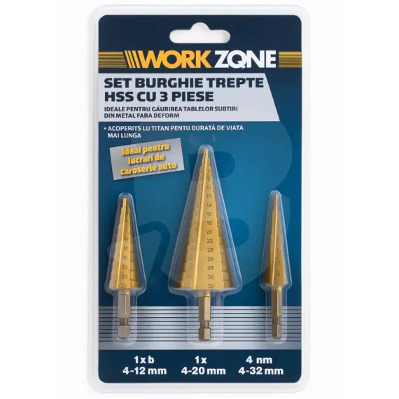 Ambalaj set burghie în trepte HSS cu titan WORKZONE 3 piese