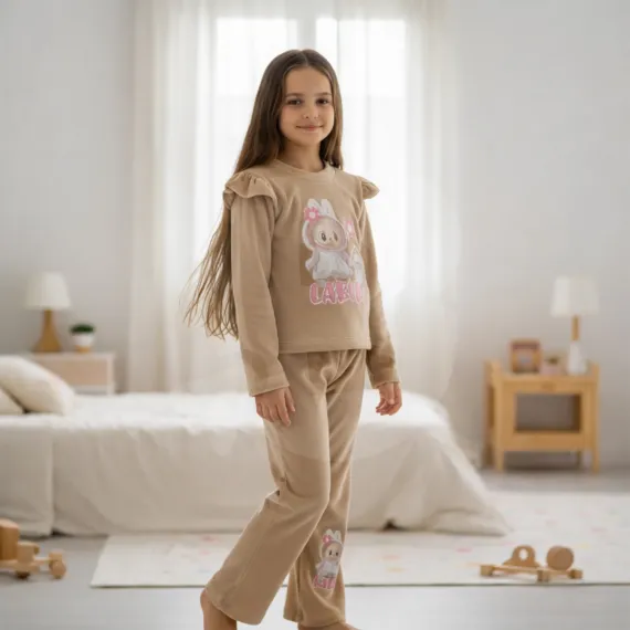 Compleu din catifea pentru fete, culoare bej, set 6