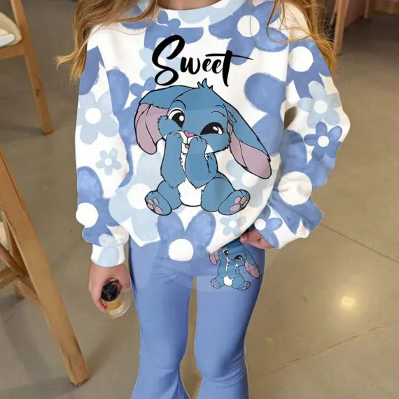 Set bluză și pantaloni fete albastru cu imprimeu, vedere față