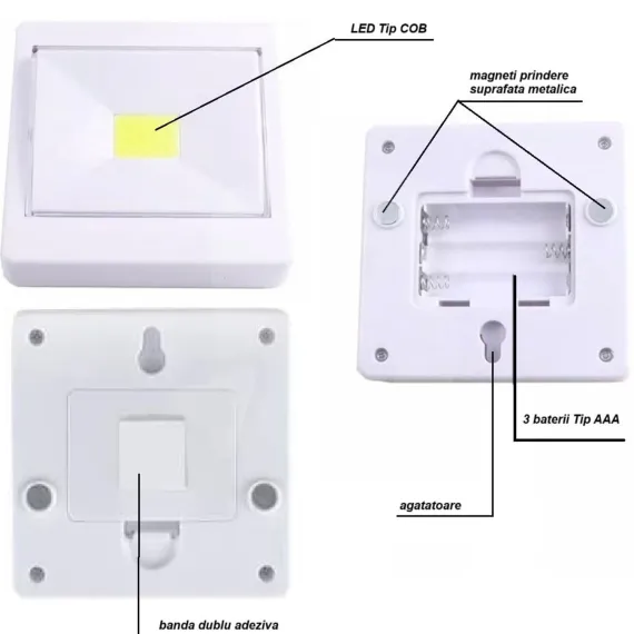 Lampă LED COB 3W cu montaj magnetic și adeziv