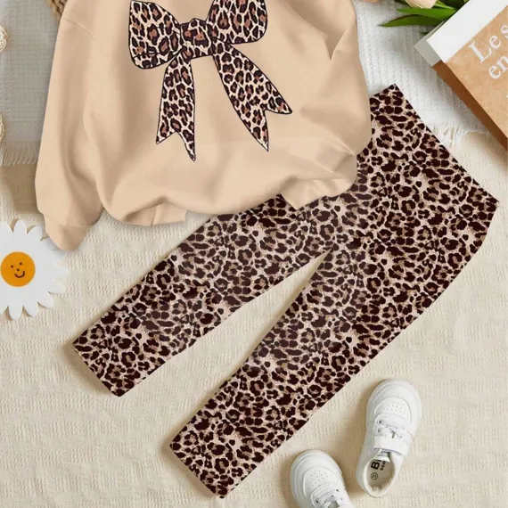 Set fete hanorac cu glugă și colanți imprimeu leopard kaki