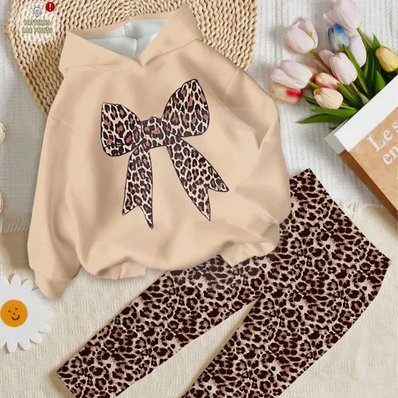 Set complet fete hanorac cu glugă și colanți leopard