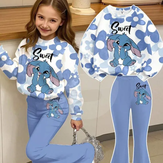 Set haine fete 2 piese bluză și pantaloni evazați albastru cu imprimeu personaj, set 6 bucăți, 4–14 ani