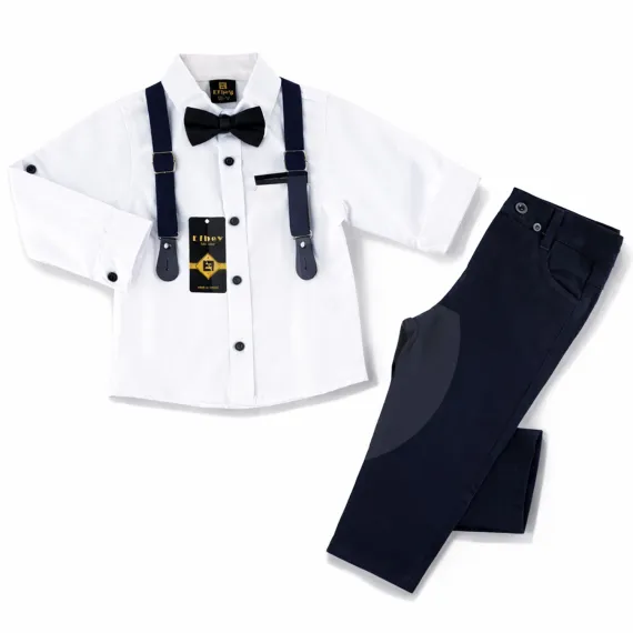 Compleu elegant pentru băieți cu cămașă albă, pantaloni negri, bretele și papion