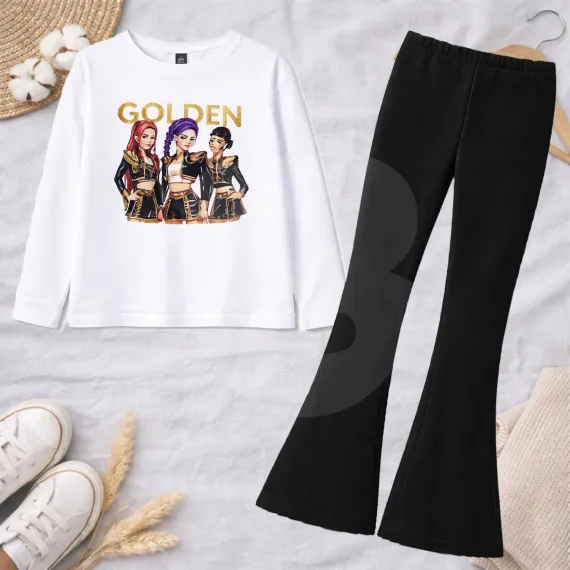 Compleu fete GOLDEN bluză albă cu imprimeu și pantaloni negri evazați
