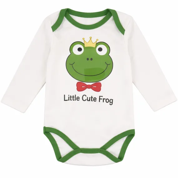 Body bebeluși din bumbac alb Little Cute Frog cu mânecă lungă, 3–6 luni