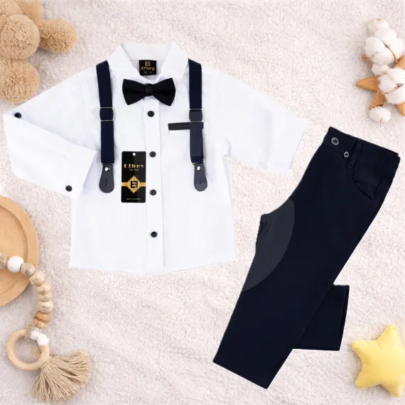 Set 4 Compleuri Elegante pentru Băieți, Cămașă Albă cu Papion și Bretele, Pantaloni Negri – 5–8 ani