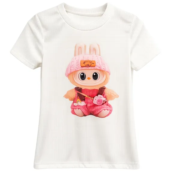 Tricou fete alb cu imprimeu Labubu roz, bumbac cu licra, Italia, mărimi 4–14 ani