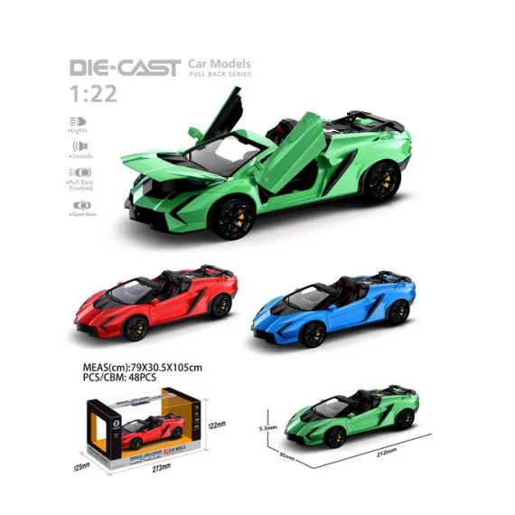 Mașină Metalică Sport de Colecție, Scara 1:22, Efecte Sonore și Lumini LED, Elemente Mobile (Uși și Capotă), Mecanism Pull-Back