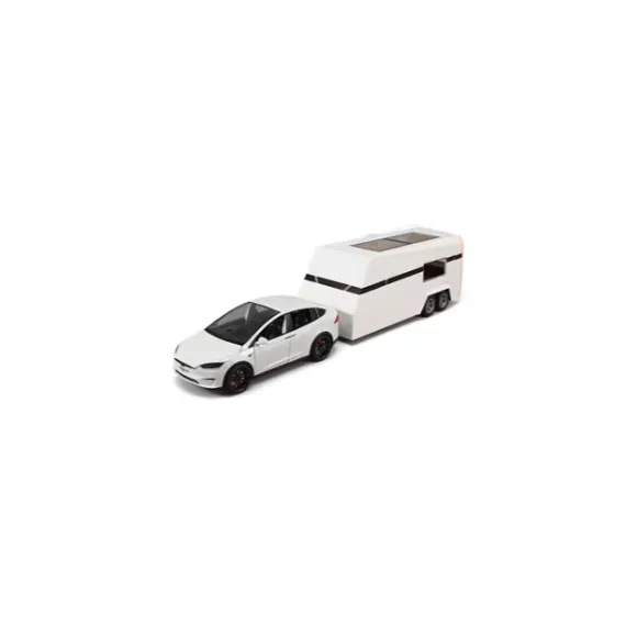 Mașină metalică Tesla 1:24 cu remorcă camper culoare alb
