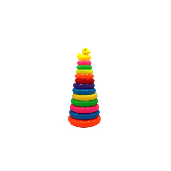 Piramidă educativă cu 14 cercuri colorate de stivuit, Model Rață, înălțime XL