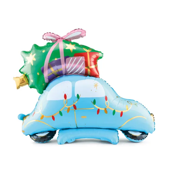 Balon din folie in picioare forma Masina de Craciun cu brad si cadouri 102x107 cm