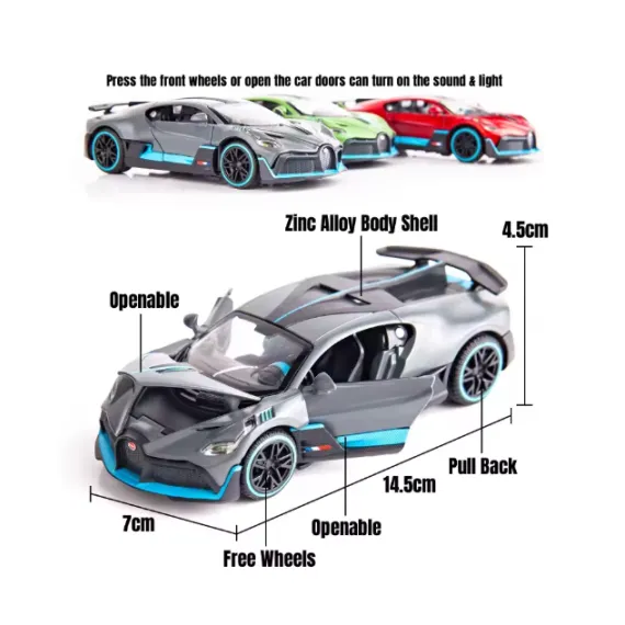 Mașinuță Bugatti Divo cu uși deschise și lumini