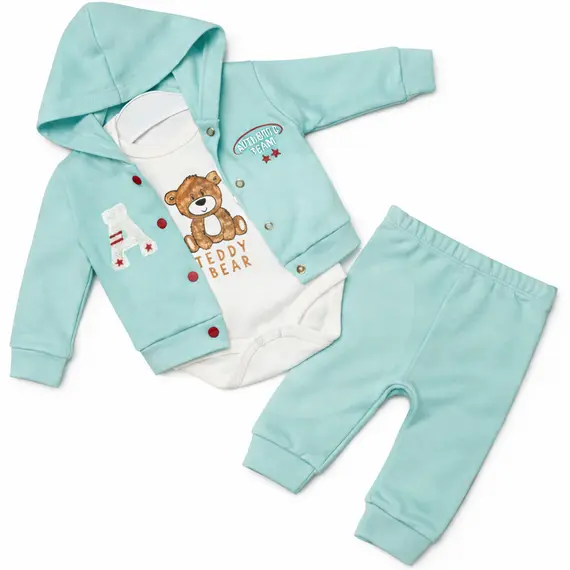 Compleu băieți din bumbac subțire Teddy Bear turcoaz deschis body hanorac pantaloni