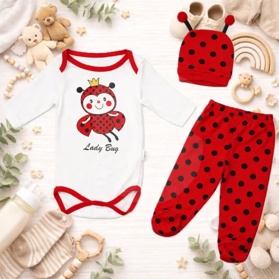 Compleu bebeluși bumbac Lady Bug roșu set 2 bucăți 3–6 luni