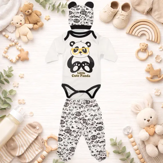 Compleu bebeluși Little Cute Panda alb și negru din bumbac
