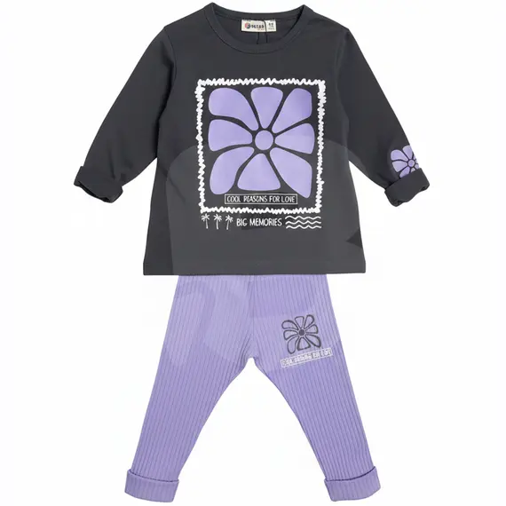 Compleu fete subțire 2 piese cu bluză gri antracit și pantaloni lila, set 6 bucăți, 3–10 ani