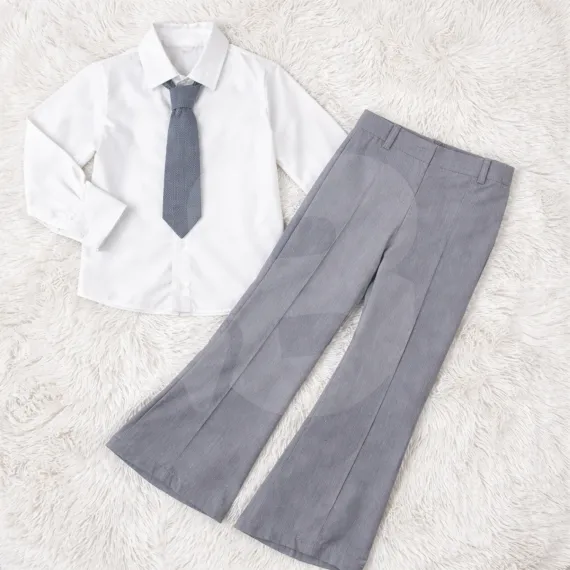 Compleu fete cu cămașă albă și pantaloni gri