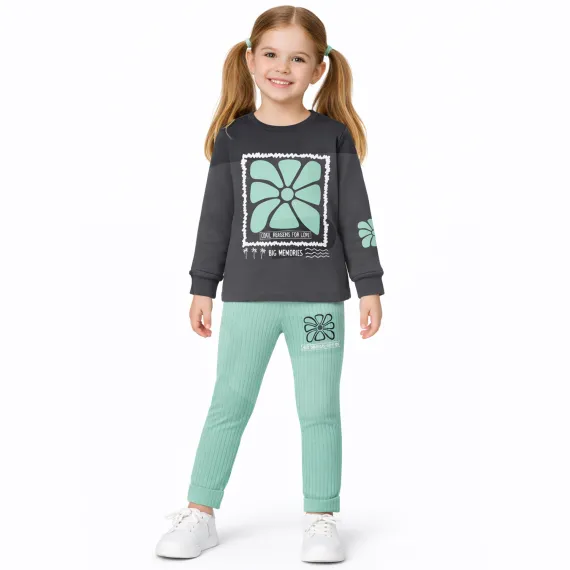 Pantaloni verde mentă compleu fete cu imprimeu decorativ