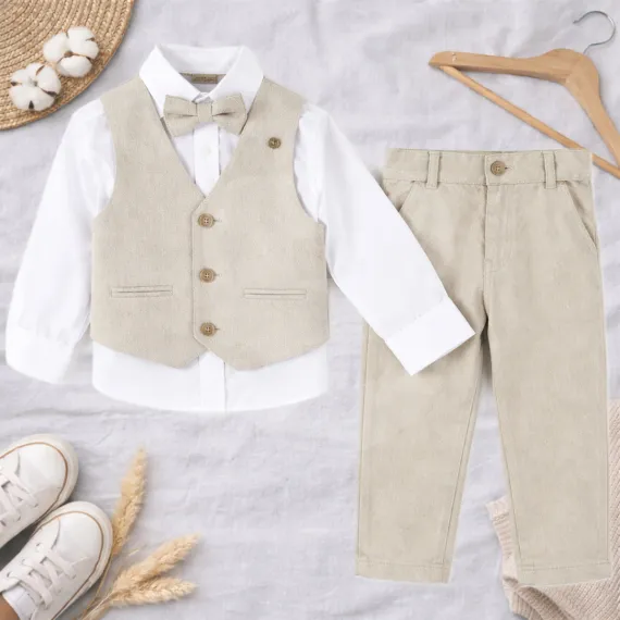 Vestă și cămașă costum elegant băiat bej set 4 piese
