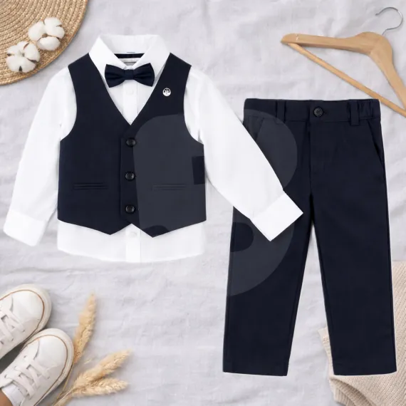 Vestă și cămașă costum elegant băiat bleumarin set 4 piese