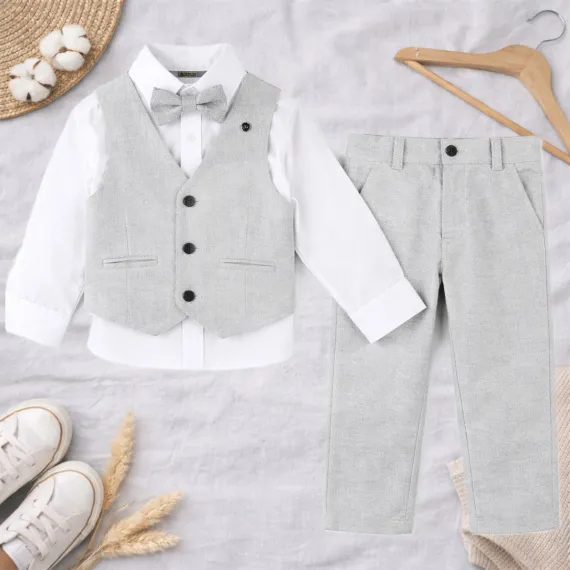 Vestă și cămașă costum elegant băiat gri set 4 piese