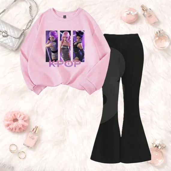 Compleu fete roz cu imprimeu KPOP și pantaloni evazați negri