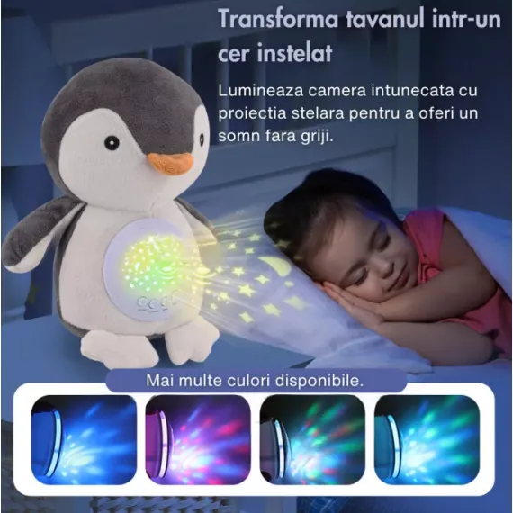 Jucărie de Pluș Pinguin cu Proiector de Stele și 10 Sunete Albe pentru Somn Bebelusi, 25 cm